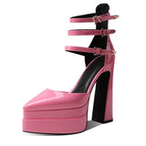 KYLETHOMASW  -  Red Black Patent Leather Pointed-Toe Platform Pumps Multi-Strap Design Gold Buckles Chunky Block Heel Elegant Looks for Women