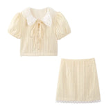 KYLETHOMASW  -  Summer Yellow Fashion 2 Piece Sets Cute Girl Short Puff Sleeve Lace Doll Collar Shirt Top&Mini Skirt 2pc Dress Suits