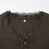 KYLETHOMASW  -  American style basic lace half open collar button chest revealing base top brown ribbed simple slim fit versatile T-shirt