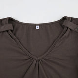 KYLETHOMASW  -  Folds V-neck Top Brown Vintage Slimming Button Short Sleeve T-shirt Casual Basic Streetwear Elegant Cargo Tops Summer