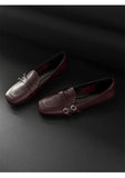 KYLETHOMASW  -  Elegant Burgundy Square Toe Loafers Women Fashion Metal Buckle Stitching Designer Shoes Comfortable Commuting Flat Office Shoes