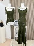 Kylethomasw Harajuku Prairie Chic Knitted Fairy Dress Sleeveless Elegant Sexy Hollow Out Green Slim One-Piece Frocks Gyaru French Elegance