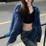 Kylethomasw Polo Collar Contrast Color Plaid Loose Casual Long-sleeved Shirt Women 2024 Summer New High Street Fashion Frayed All Match Tops