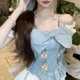 KYLETHOMASW  -  New Heavy-industrial Denim Design Three-dimensional Embroidered Sweet Suspender Slim Top