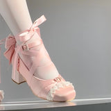 KYLETHOMASW  -  Pink Lolita Women's Shoes Ballet Thick Heel High Heels Mary Jane Shoes Satin Elegant Platform Waterproof Pumps Original