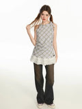 Kylethomasw Vintage Plaid Tank Top Women Lace Patchwork Fake Two Pieces Design Y2k Tops Summer Lace Up Collar Cutecore Girl Clothing