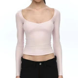 KYLETHOMASW  -  Women T Shirts V Neck Stretch Slim Long Sleeve 2025 Autumn Fashion New Basic Crop Tops Female Y2k Tee Shirt Casual