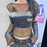 KYLETHOMASW  -  Y2K Vintage Hollow Out Sweater Women Sexy Patchwork Striped Knit Sweater Japanese 2000S Hole Pullover Aesthetics Crop Knit Tops