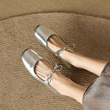 KYLETHOMASW  -  Women's Bow Square Toe Mary Jane Flat Shoes Genuine Soft Leather Low Heel Soft Sole Silver Spring Summer New Style