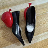 KYLETHOMASW  -  Women's Pumps Pointed Toe Black Leather Upper Red Balloon Shaped Heel Unique Design Fashion Statement Elegant Style Footwear