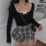 KYLETHOMASW  -  American Retro Contrast Color Plaid Ruffles Hem Mini Skirt Sexy High Waist Short Skater Skirts With Underwear