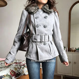 KYLETHOMASW  -  Y2K Women's Faux Fur Collar Wool Coat Fashionable Retro Double-Breasted Waist-cinching Short Coat Long Sleeve Winter Outerwear