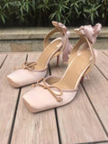 KYLETHOMASW  -  Pink Color Silk Satin Women Sandals Ankle Strap Lace-Up Ribbon Single Shoes Female Summer Elegant Lady High Heels Dressing Party