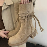 KYLETHOMASW  -  Brown Suede Boots Woman Round Toe Chunky Heels Boots Fall Winter Black  New Rocks Shoes Botas Western Cowboy Feminina