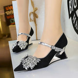 Kylethomasw Rhinestone Design Wedge Women Shoes Shallow Elegant Pointed Toe Pumps Female Diamond Butterfly-knot High Heels Zapatos De Mujer