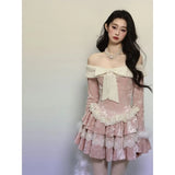 KYLETHOMASW  -  Sexy Off Shoulder Long Sleeve Butterfly Knot Velvet Pink Dress for Women Winter New Retro Waist Slimming Lace Cake Mini Dress