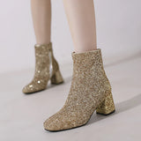 Kylethomasw Big Size 48 49 50 Gold Silver Blue Sequined Cloth Glitter Winter Shoes Women's Chunky High Heels Bling Party Ankle Chelsea Boots