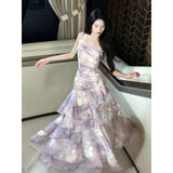 KYLETHOMASW  -  Women's Elegant Lavender Floral Tiered Dress Summer Spaghetti Strap Ruched Asymmetric Ruffle Tulle Long Dress Beach Vacation