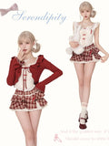 KYLTHOMASW  -   Red Sweet Cherry Summer Skirts Set Women Clothing Red Short Cardigan+Tank Top+High Waist Splicing Plaid Skirt Three Piece Set