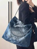 KIylethomasw Y2k Grunge Denim Tote Bag Women Vintage Casual Large Capacity Handbag Purse Female Retro Harajuku Aesthetic Shoulder Bag