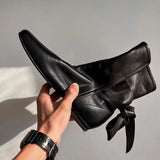 KYLETHOMASW  -  Autumn Winter Soft Leather Lace-up Women Ankle Boots Comfortable Flats Short Booties Fashion Bowknot Chelsea Boots Shoes Botas