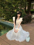 KYLETHOMASW  -  Japanese Kawaii Princess Chiffon Off Shoulder Ruffles Lace Light Blue Midi Dress Women Girls Bow Tie Waist Daily Tea Party Wear