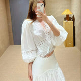 KYLETHOMASW  -  Summer White Lace Slit Skirt French Elegant Folds Long Skirt Balletcore Y2k High Waist Loose a-Line Skirt Mujer Faldas 514A