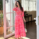 KYLETHOMASW  -  Women Clothes Chiffon Floral Print Outfits Elegant V-Neck Cropped Tops Shirt Blouse And A-Line Long Skirt Mujer 2 Pieces Set New