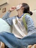 KYLETHOMASW  -  Cartoon Appliques Sweet Preppy Patchwork O Neck Long Sleeve Loose Striped Women's T-shirts