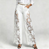 KYLETHOMASW  -  Women Wide Leg Denim Jeans Floral Lace Splicing Hollow Out High Waist Long Pants Retro Casual Ladies Streetwear Bottoms