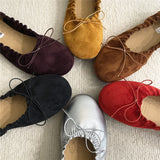 KYLETHOMASW  -  Suede Retro Bowknot  Round Toe Flat Shoes Women Soft Sole Comfort Casual Shoes for Women Shallow Ballet Style Footwear Female