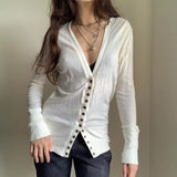 KYLETHOMASW  -  T Shirts Women Long Sleeve V Neck Slim Single Breasted Solid Outwear Tops Female Y2k Fashion Tee Shirt Autumn Casual