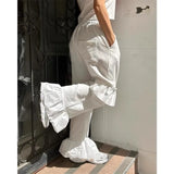 KYLTHOMASW  -  Vintage Korean Retro Ruffled Stitching Drawstring Casual Pants Women Spring and Summer Chic White Flare Pants