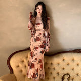 KYLETHOMASW  -  Women Vacation Clothes Sweet Floral Print 2 Piece Outfit Sexy Sling Slim Dress And Ruffled Tops Coat Set Suits Casual Autumn New