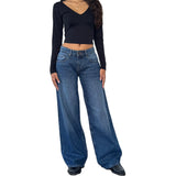 KYLETHOMASW  -  Spring and Autumn Solid Color Loose Jeans Women's Low-rise Wide-leg Pants Multi-Pocket Street Style Washed Jeans American Retro