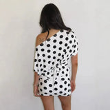 KYLETHOMASW  -  Polka Dot Short Skirt Set with Wide Shoulders, Narrow Waist Strap Design, T-shirt Flip Up, Low Waist, Hip Wrapping Skirt