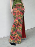 KYLETHOMASW  -  High Waisted Floral Print Skirt for Women's Summer Spicy Girl Irregular Mesh Split Long Skirt Fashion Female Clothes