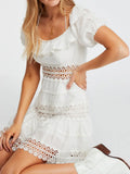 KYLETHOMASW  -  Women's White Off Shoulder Mini Dress Sweet Ruffle Tiered Crochet Waist Lace-up Gowns Summer Beach Dresses New Date Vestidos