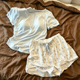 KYLETHOMASW  -  Pajama Set Solid Lace Trim Top Cute Rabbit Print Shorts Ladies Home Clothes Sleepwear Loungewear Summer New Sweet Cute Nightwear
