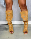 KYLETHOMASW  -  Fashion Retro Style Green Denim Stiletto Heel Knee Boots Full Button Placket Tall Shaft Open Toe Design Casual Boots for Daily