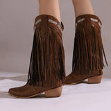 KYLETHOMASW  -  Women Fringe Western Boots Pink Sweet Embroidered Boots Brown Tassels Block Medium Heels Shoes Plus Size 48 Lady Winter