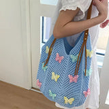 KYLETHOMASW  -  Cute Hollow Out Butterfly Knitting Bag Beach Handbag Tote Bag Beach Bag Large Capacity Bohemian Style Hollow Shoulder Bag Travel