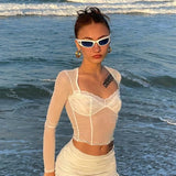 Kylethomasw American Hot Girl Lace Mesh Spliced Transparent Long Sleeve Tops Women's Thin Slim High Street Navel Top Female Clothes