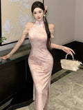 KYLETHOMASW  -  Dresses Women Elegant Off Shoulder Stand Collar Split Vintage Temperament Party Dress Slim Stretch Sexy Ladies Fashion