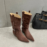 KYLETHOMASW  -  Fashion Faux Suede Rivet Strap Buckle Women Mid-calf Boots Autumn Winter Retro Chunky High heels Western Cowboy Punk Booties