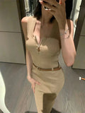 KYLETHOMASW  -  Sexy Sleeveless Sheath Knitted Dress Summer Fashion Zipper Streetwear Robe Office Lady Solid Color Midi Dresses With Belt 142A