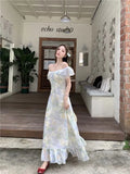 KYLETHOMASW  -  Chiffon Floral Ruffles Dress Women Elegant Flying Sleeve Dress Sweet Slim A Line V Neck Summer Lace Up Lady Vintage Vestidos
