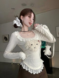 Kylethomasw Y2k Bear Graphic Long Sleeve T-shirts for Women Kawaii Ruffles Lace Long Sleeve Tee Tops Korean Style Cutecore Clothes