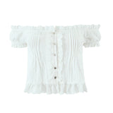 KYLETHOMASW  -  Sexy Off Shoulder White Cropped Shirt Women Front Button Short Sleeve Cotton Summer Blouse Sweet Tops New