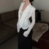 Kylethomasw Korean Lace Splicing See-through White Long-sleeved T-shirt Women Spring New Streetwear Pleated Sexy Slim All Match Tops